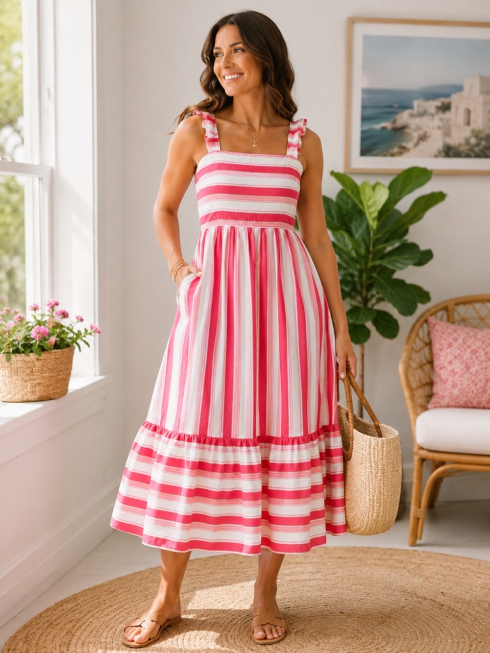J.Crew Women’s Size 14 Pink Stripe Smocked Cotton Midi Dress Pockets